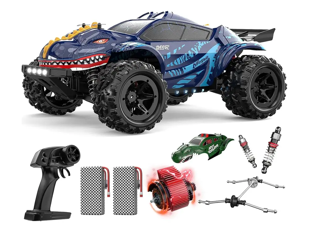 DEERC 9308E Dinosaur RC Truck — Blue Base With Bright Yellow-green Stripes