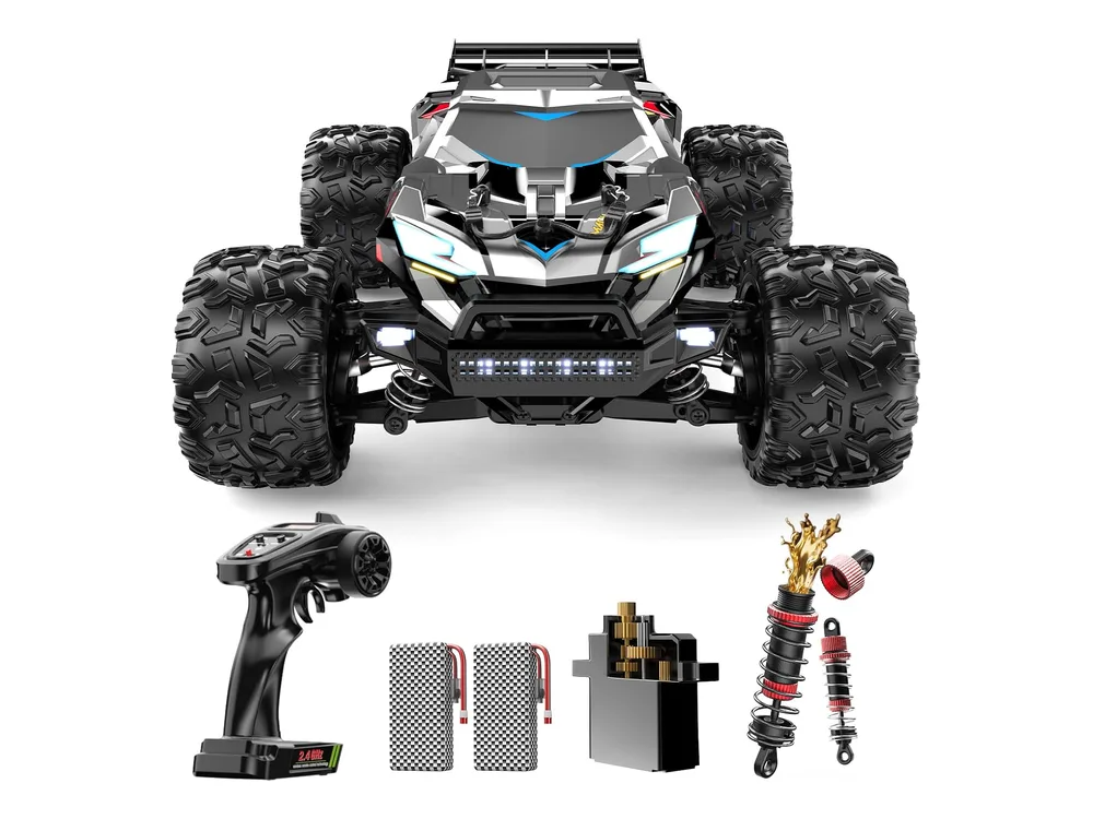 DEERC 308E Brushless RC Truck — Gray Background With Bright Blue and White Stripes