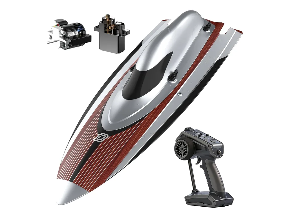 DEERC TX766 Brushless RC Boat — Silver Racing Finish With Red & Black Performance Accents